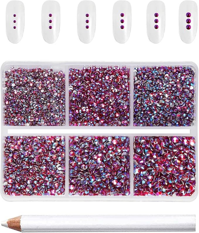 Beadsland 7200pcs Flatback Rhinestones, Light Red AB Rhinestone Nail Gems Round Crystal Rhinestones for Crafts,Mixed 6 Sizes with Wax Pencil Kit, SS3-SS10, Light Siam AB