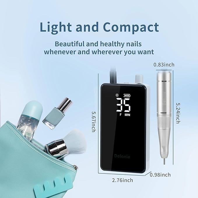 Delanie Electric Nail Drill 35000 RPM, Professional Portable Rechargeable Cordless E File for Acrylic Gel Removal, for Manicure Salon Home