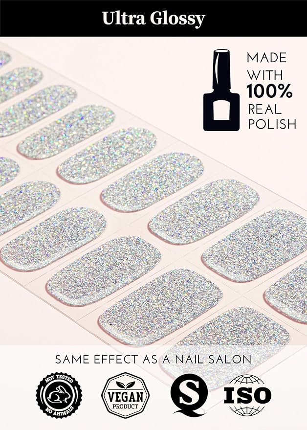 Semi Cured Gel Nail Strips, 20Pcs Long Lasting Salon Quality Wraps, Easy Apply & Remove Gel Nail Stickers with UV Light (Prismatic Silver)
