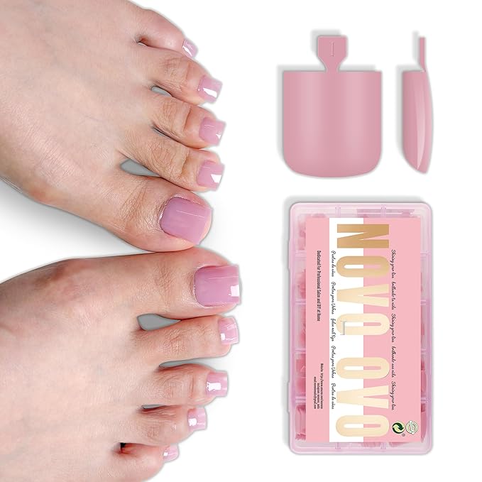 NOVO OVO Berry Pink Square Toe Nail Tips - 240Pcs Soft Gel Press on Toenails, Pure Color Full Cover Fake Nails for Pedicure, PMMA Acrylic False Toe Nails Extension Kit (15 Sizes, Wide Fit)