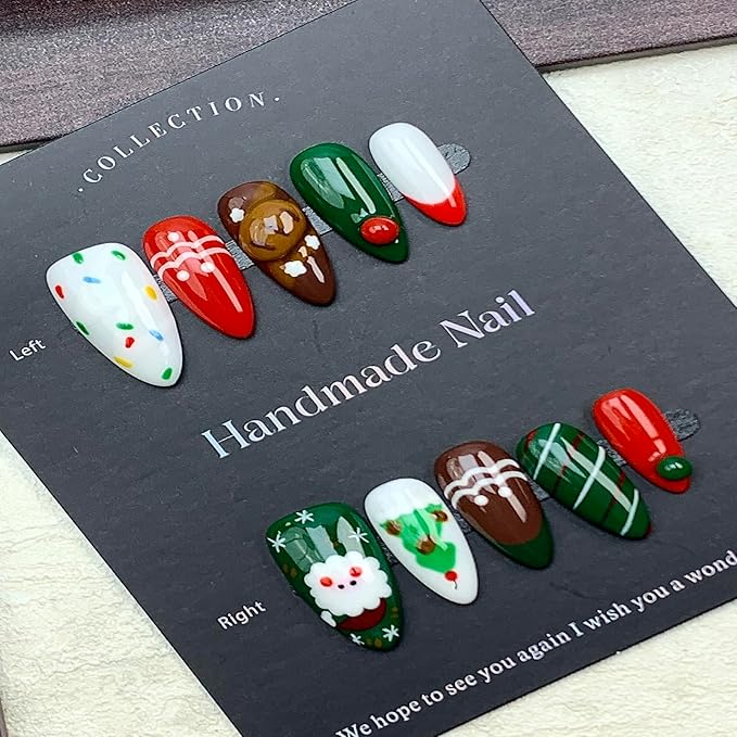 Handmade Press on Nails Medium Almond Handmade Nails with Christmas Tree Design Christmas False Nails Colorful Polka Dot Stripe Nail Press ons Reusable Holiday Fake Nails for Women Size M 10Pcs