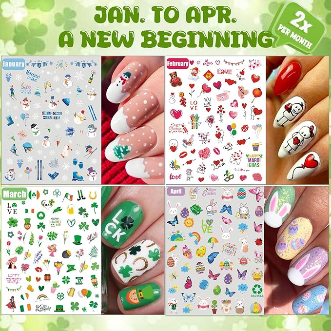 12 Months All Holiday Nail Stickers, 24 Sheets Seasonal Variety Pack 2 Pcs Per Month DIY Nail Art, Self-Adhesive Pegatinas Uñas for a Year of Halloween Christmas Thanksgiving&Valentine’s Day