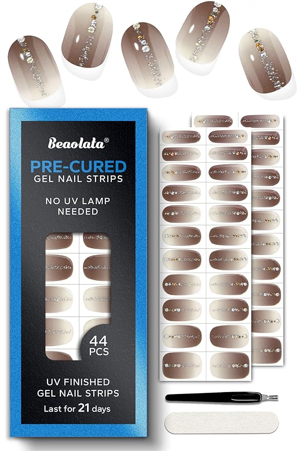 Pre Cured Gel Nail Strips - 44PCS Salon Quality Gel Nail Stickers - Long Lasting Polish Wraps for Women no UV Light Needed Easy Apply & Remove (Mystic Purple
