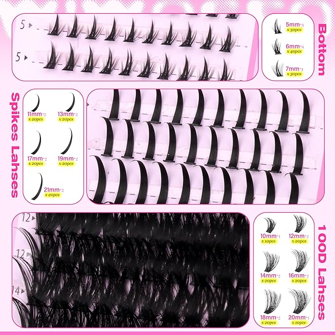 wiwoseo Spiky Lash Clusters with Bottom Lashes Clusters Kit Volume Lash Spikes Cluster Eyelash Extensions Kit Mink Eyelash Clusters Spiky Cluster Lashes Clusters with Bond and Seal(Bottom+Spikes+100D)