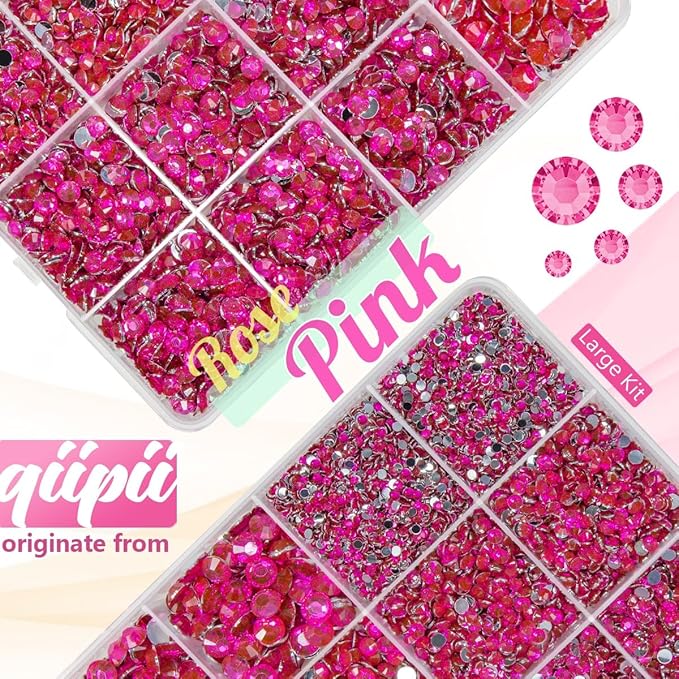 Rose Pink Crystal Resin Rhinestones w B7000 Glue for Bedazzling Crafting Hot Pink Flatback Stones 2mm-6mm Rose Red Diamonds Gems Bedazzler Kit for Nails Face Eyes Makeup Tumblers Bottles Crafts