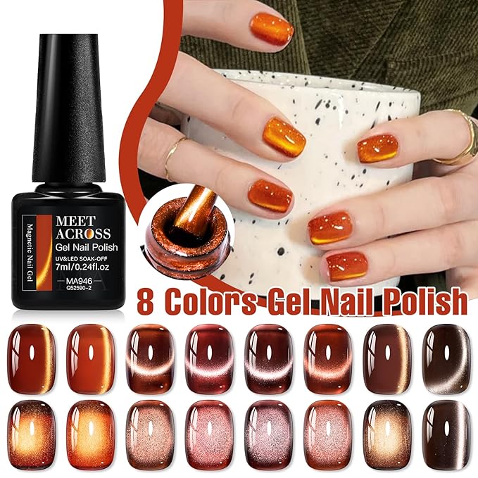 MEET ACROSS 9Pcs Glitter Cat Eye Gel Nail Polish Set Amber Brown Magnetic Cat Eye Gel Polish with Magnet, Brown Series Fall Winter Manicure Salon Gift for Women
