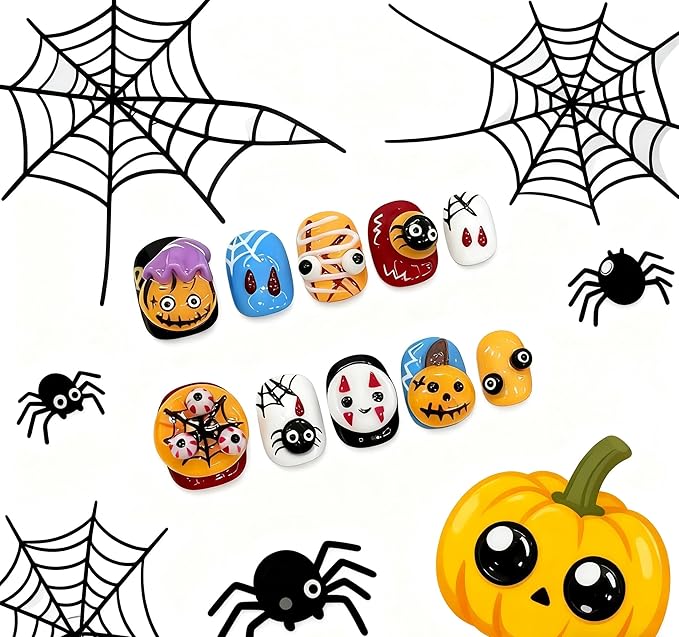 Nightmare Before Christmas Press on Nails Kawaii Ghost Handmade Fake Nails 3D Embossed Colorful Cute Cartoon Short Nails for Women and Girls (Cute Ghost Party,M)