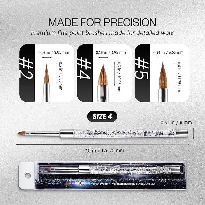 PANA 3D Kolinsky Nail Art Brush - Silver Glitter Handle, Size 4 - Acrylic Nail Art Sculpture Brush for Manicures Pedicure Salon Professional or Beginner