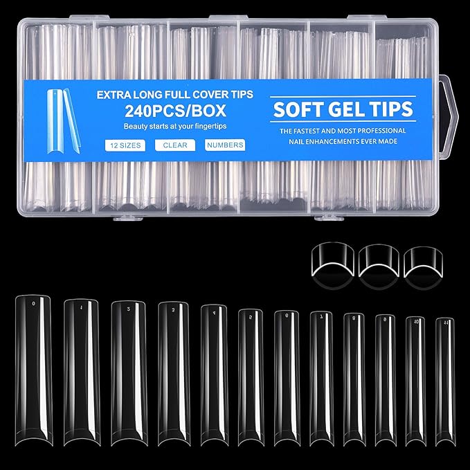 Long Square Nail Tips, 240Pcs Half Cover Soft Gel Nail Tips Pre-shaped 3XL Straight Shape Clear Acrylic False Nail Fake Nail Extension Press On for Salon Home DIY 12 Sizes