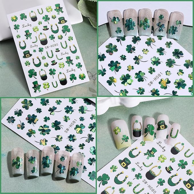 6 Sheets St Patricks Day Nail Stickers Green Laser Irish Shamrocks Nail Art Stickers Hat Horseshoe St. Patrick's Day Nail Decals 3D Self-Adhesive Lucky Clover Nail Decorations for Women Nail Designs