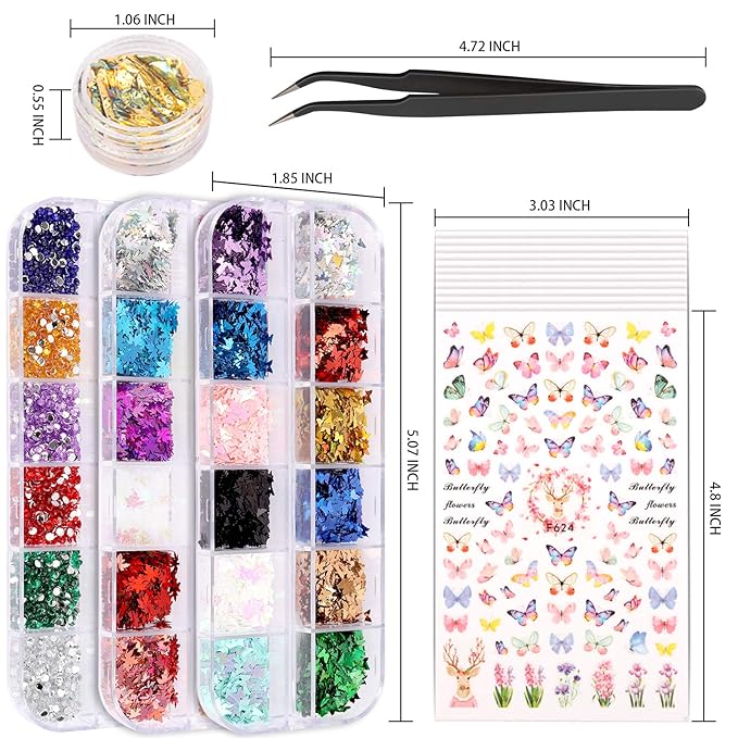 Teenitor Nail Art Decoration with 12 Sheets Nail Art Stickers for Nail Art, Butterfly Nail Foil Stickers, Nail Sequins and Rhinestones, Self-Adhesive Nail Sticker Decals for Nails Art Design