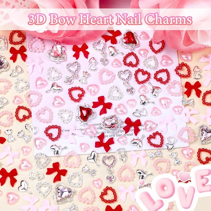 Valentine's Day Nail Charms，Pink Colors Red Bows Hollow Rhinestones for Acrylic Nails , 3D Dangle Heart Nails Charm, Bowknot Heart Silver Y2K Jewelry Charms for Nail Art DIY