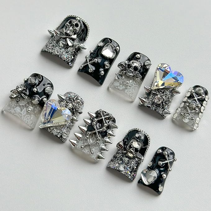 Halloween Luxury Press on Nails Short Duck Handmade 3D Unique Reusable ABS Material Fake Nails Black False Nails with Designs Rhinestones Spider Skull Glossy Glue on Nail Thick Acrylic Nail(S)