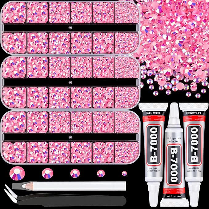 Resin Rhinestones for Crafting with 3Pcs 10ml B7000 Jewelry Glue, 3 Boxes Pink AB Flatback Gems Crystals Diamond for Bedazzling Crafts DIY Nail Art Makeup,Gems for Clothing Tumblers Shoes