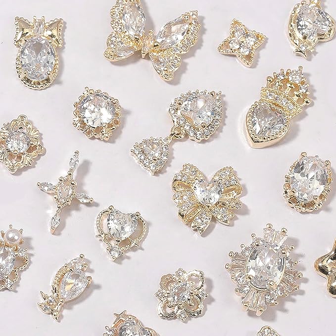 HNUIX Nail Charms and Gems - Gold Copper Zircon, Multiple Shapes 3D Dangle, Metal LuxuryJewelry Rhinestones for Nails 20 Pieces