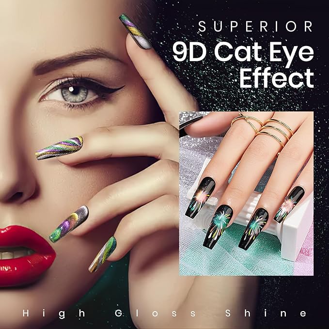 MIZHSE Cat Eye Gel Nail Polish Set 8 Colors with Magnet Stick: 9D Cat Eye Gel Polish and Shiny Wide Cat Eye Gel Set, Classic Holographic Glitter Galaxy Colors Gel Nail Kit for Nail Salon Home DIY