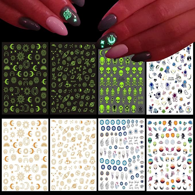 Alien Nail Art Stickers, 3D Planet Astronaut Earth Moon Star UFO Rocket Nail Transfer Decals, Gold Luminous Nail Self-Adhesive Sticker Designs, DIY Resin Nail Decal Manicure Decorations for Women