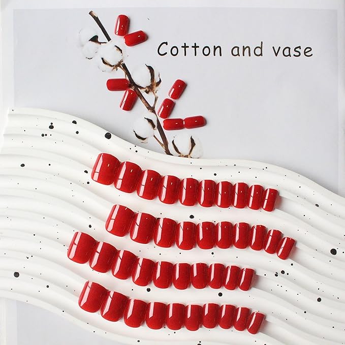Red Press on Nails Short Square, Natural Short Gel Nails Glue on Acrylic Nails Press ons, 48Pcs Thick Reusable Fake Nails for Women, Short Coffin Artificial Nails New Solid Color Square Nails