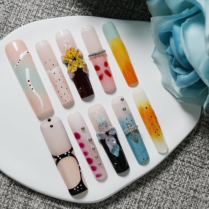 Long Square Press on Nails - Luxury Handmade French Tips Press on Nail with 3D Flowers & Rhinestones Cross Design，Multi-Layer Gel False Nails for Women (Ice Crystal Water Lily,S)