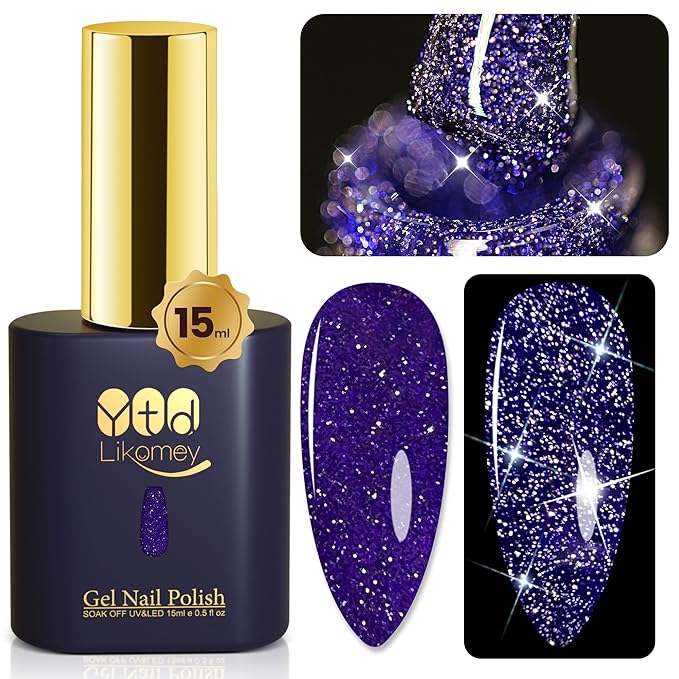 YTD Likomey Reflective Glitter Gel Nail Polish,15ml Lavender Purple Flash Diamond Shimmer Gel,Sparkly Shiny Salon Home Manicure Fall Winter UV Varnish,SZ015