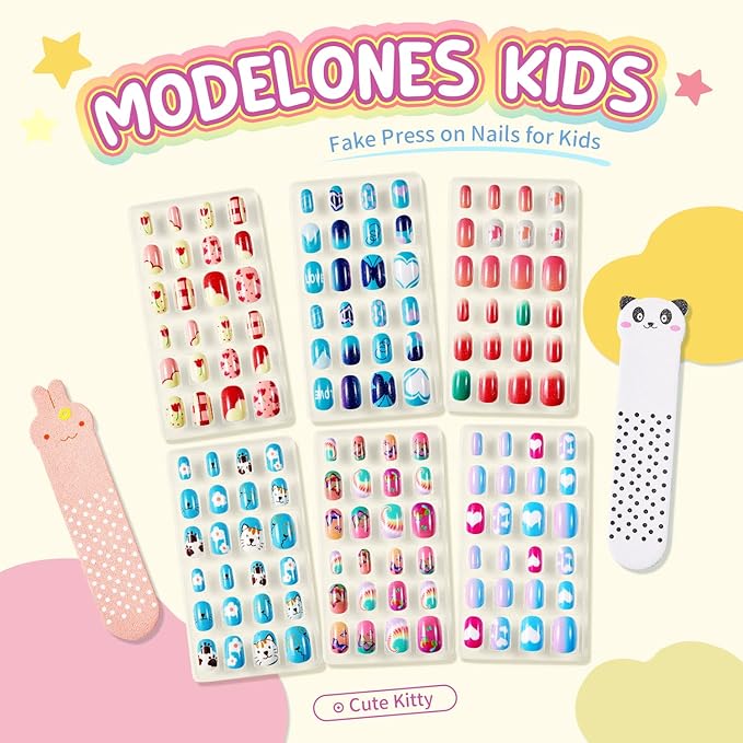 Modelones Press on Nails for Kids 144Pcs 6 Pack Children Acrylic Fake Nails Pre-glue Full Cover Glitter Gradient Color Heart Cat Short False Nail Art Kits Sets Christmas Gifts for Kids Girls