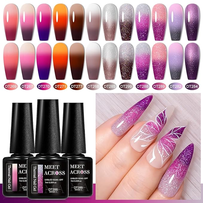 MEET ACROSS 12Pcs Color Changing Gel Nail Polish Set Purple Brown Glitter Temperature Mood Changed Nail Polish Gel DIY Salon Gift for Women