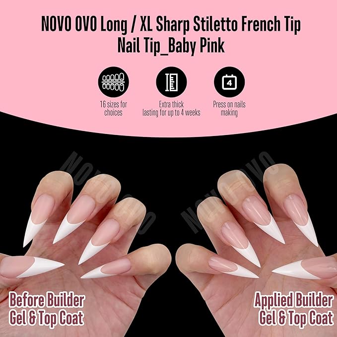 NOVO OVO White French Tip Long XL Sharp Stiletto Nail Tips Press on BABY PINK, Soft Gel Double Matte Fake Nail Extension, Full Cover False Nails for Acrylic DIY x 16 Sizes 160 pcs