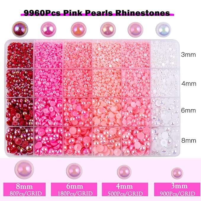 9960 Pink AB Pearls Rhinestones, Assorted Size 3/4/6/8mm Flatback Half Pearls for Crafts, Tumblers, Shoes, Nails, Face Art