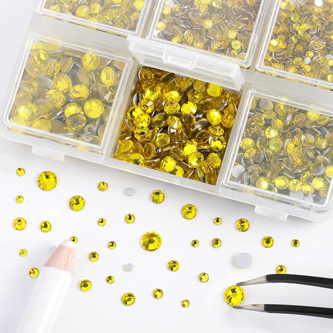 Beadsland 4300pcs Flatback Yellow Nail Gems Round Crystal Rhinestones for Crafts, Mixed 6 Sizes with Picking Tweezers and Wax Pencil Kit, SS6-SS20, Citrine/Lemon Yellow