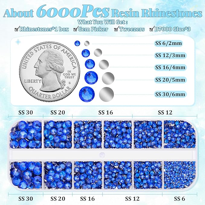 6000Pcs Resin Rhinestones for Bedazzling with 3Pcs B7000 Jewelry Glue, 1 Box Royal Blue Flatback Rhinestones for Crafting Crafts DIY, Crystals Gems for Clothing Shoes Tumblers Nail Art Makeup