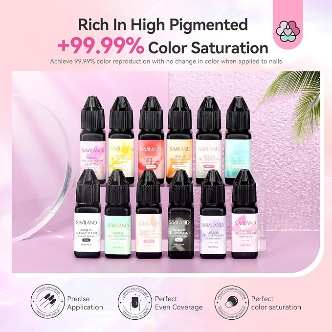SAVILAND 12 Color Airbrush Gel Polish Set: 2026 Must Have Dilution-Free, Non-Acetone Formula with Fine Mist Sprayer for French & Ombre Nail Art, Home and Salon Use