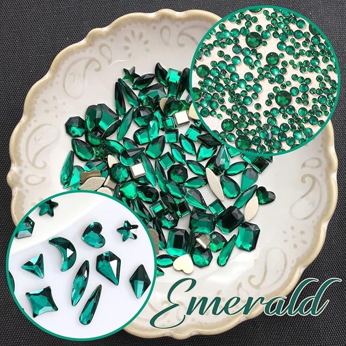 Green Nail Rhinestones Multi Shapes Emerald Green Rhinestones for Nails Flatback Nail Big Gems K9 Glass Round Beads Stones Diamonds Nail Charms Art for Nails Faces Eyes Crafts DIY