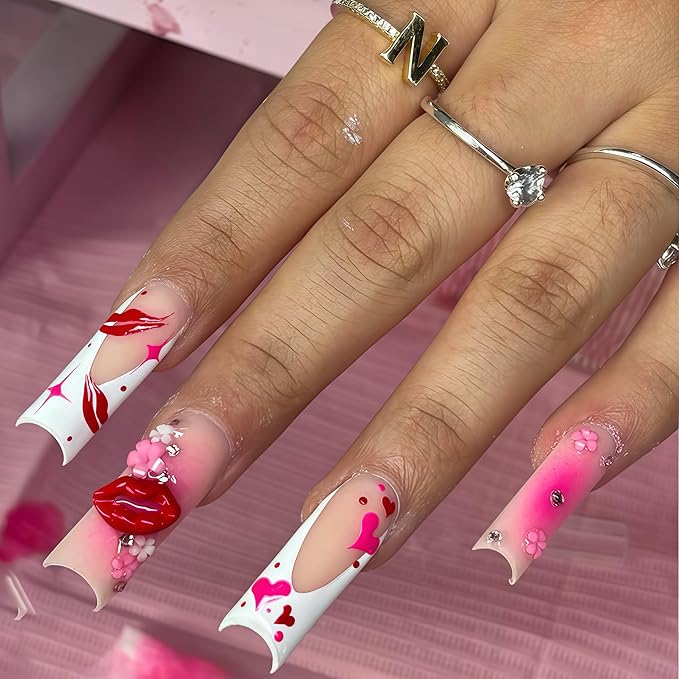 84PCS Nail Charms and Gems Gold Red Rhinestones for Nails Design，3D Heart Star Lip Piercing Y2k Nail Jewels Bulk Nail Art Decor Set