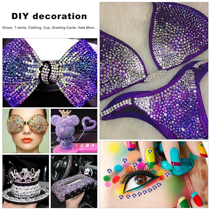 4240Pcs Purple Velvet Flatback Rhinestones 6 Sizes Crystal Diamonds for Nail Art Crafts Clothes Shoes with Tweezers and Picking Pen