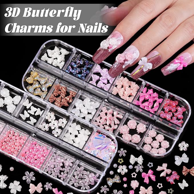 Nail Charms and Gems, Charms for Nails Design Kit with 10 Boxes 3D Nail Charms Colorful Clear Flat Back Rhinestones and Nail Pearls,Diamonds,Picker Tools, Nail Rhinestones and Charms for Nail Art
