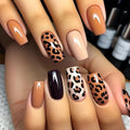 24Pcs Leopard Print Press On Nails Short Square False Nails with Brown Nude Design Cheetah Print Fake Nails Brown Glossy Reusable Stick on Nails Autumn Glue on Nail for Coquette Women Fall Nail Art