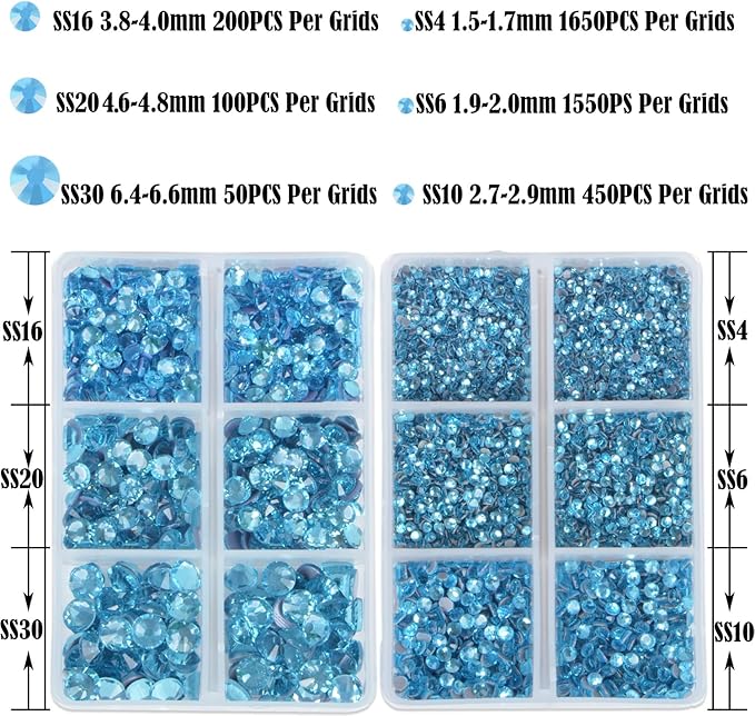 NCB Hotfix Iron on 8000pcs Crystal Rhinestones Round Gem for Crafts Decoration DIY Jewelry Making with a Tweezers and 2 Picking pens (Aquamarine, 6Sizes SS4-SS30)