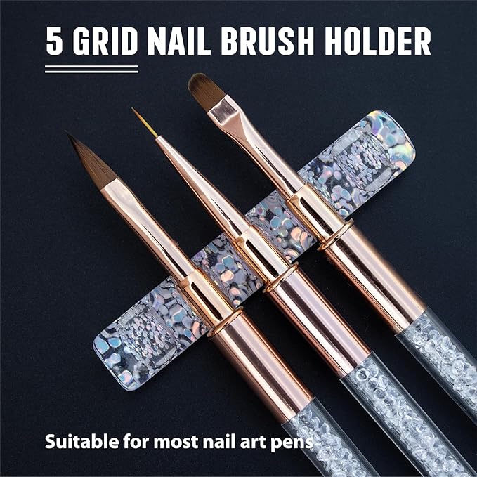 Acrylic Nail Art Brush Holder Stand - 5 Grids Crystal Clear Nail Brush Organizer, Perfect for Manicure and DIY Nail Art Pens, Brushes, and Tools (Clean+Gitter)