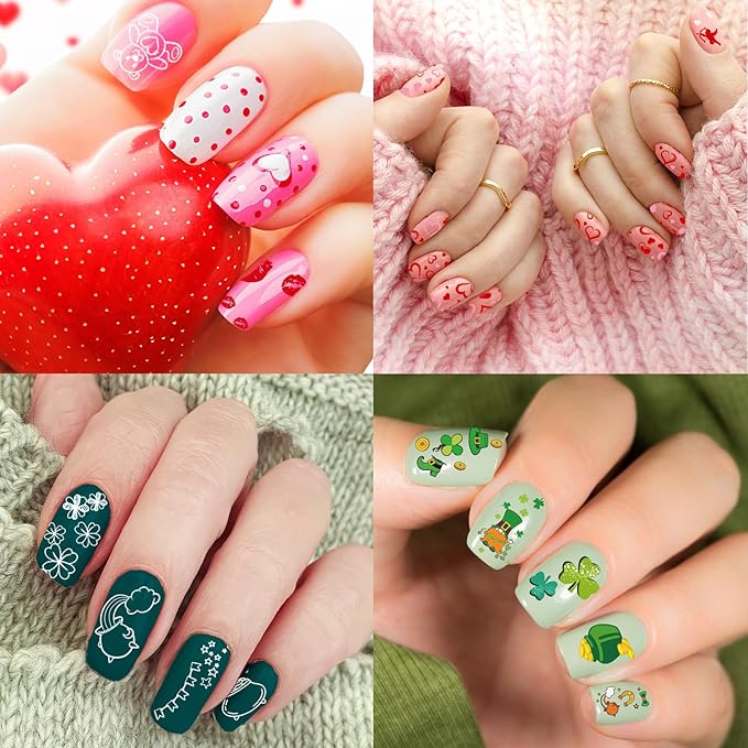 Whaline 6 Pcs St. Patrick's Day Valentine Nail Art Stamping Plates Kit Love Heart Spring Shamrock Image Stamp Templates Nail Art Plates Set for DIY Print Manicure Salon Design