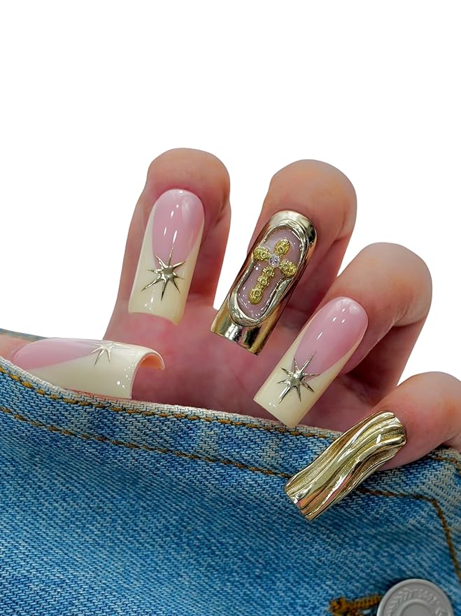 Euphrosyne Luxury Press On Nails – 10pcs Long Square Nude Pink Fake Nails with Gold 3D Star Charms & Baroque Relief Design | Glam Stick-On Nails for Women, Retro Nail Art for Party & Fashion Look