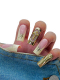Euphrosyne Luxury Press On Nails – 10pcs Long Square Nude Pink Fake Nails with Gold 3D Star Charms & Baroque Relief Design | Glam Stick-On Nails for Women, Retro Nail Art for Party & Fashion Look