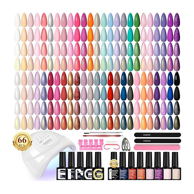 Phoenixy 66Pcs Gel Nail Polish Kit with U V Light, 50 Colors Gel Nail Kit Pink White Burgundy Glitter 5Pcs Base Top Coat Valentine DIY Manicure Starter Set for Beginners Gift for Women