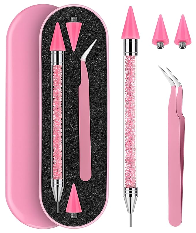 Tatuo Rhinestone Picker Tool Set Wax Pen for Rhinestones Diamond Art Painting Dual Head Dotting Pen with 2 Extra Wax Tips and 1 Nail Art Tweezer for Nail Art DIY Crafts(Pink)
