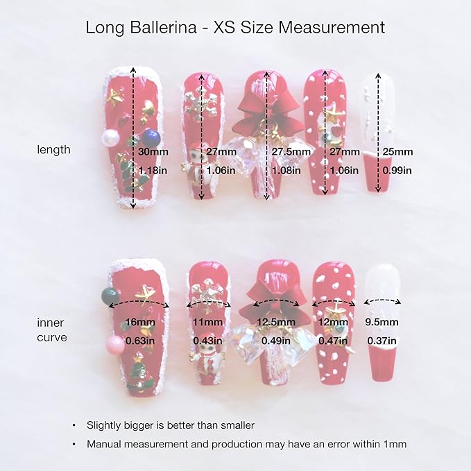 Christmas Press-On Nails, Long Ballerina Shape, Red and White Design with Snowman, Bows and Snowflakes, 10 Pieces (XS, LS)