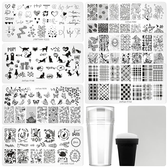 7pc Nail Stamping Plate Kit Flower Butterfly Nails Stamp Plate Lace Animal Nail Art Template Stencil Fingernail Polish Stamps Plates Set Silicone Stamper Scraper French Nails Design Tools