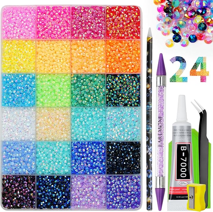 Resin Jelly Rhinestones for Bedazzling, EARLMONI Multi Colord Bedazzler Kit with 15ml B7000 Glue Rhinestone Pen Tool for Clothes Nail Art (B 24 Colors, 3MM)