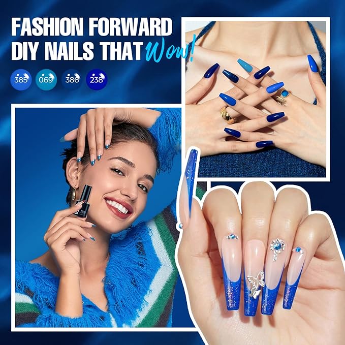 MEFA Blue Gel Nail Polish Set,6 Colors Midnight Navy Sapphire Blue Nail Polish Azure Glitter Dark Shades Starter Kit Soak Off Shimmer Gel Nail Art Design DIY Salon Manicure Holiday Gift for Women