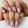 Chrome Baby Pink Press on Nails Short Almond, Glazed Cute Fake Nails with Sparkle Mirror Design, Shiny Glitter Glue on Nails Stiletto, Gel Nail Press ons with Glue for Fingernail 30 Pcs
