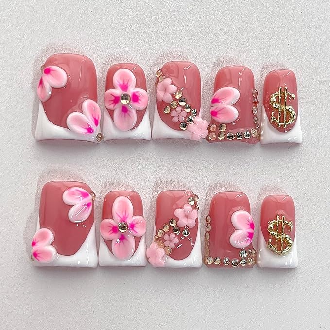 French Tip Press on Nails Handmade Short Duck 3D Flower Thick Acrylic Nails White False Nails with Pink Floral Rhinestones Designs Elegant Glossy Fake Nail Sturdy Wedding Art Press on Nail 10Pcs(S)