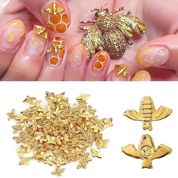 3D Nail Art Accessories, 100pcs Metal Bees Nail 3D Nail Art Decoration Gold Alloy Nail Charming Stickers Gold Nail Decals Manicure DIY Nail Art Supplies(Gold (100 pieces))